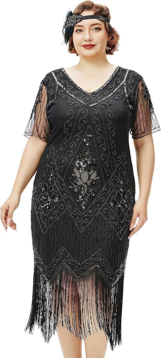 plus Size 1920S Art Deco Fringed Sequin Dress Flapper Gatsby Costume Dress for Women